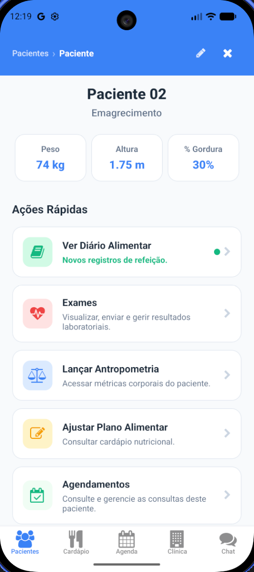 Tela de Ações do paciente no NuttuN