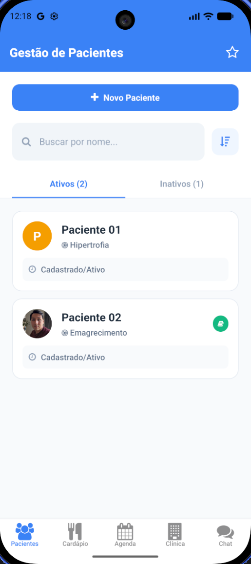 Tela de Gestão de Pacientes do NuttuN